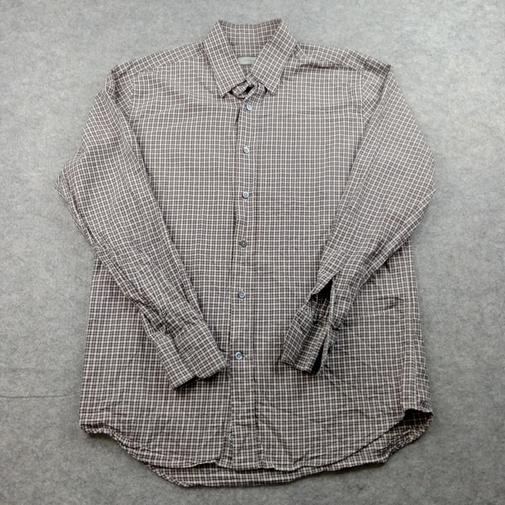 Canali Shirt Mens Large Brown Blue Check Plaid Button Front Made‎ In Italy